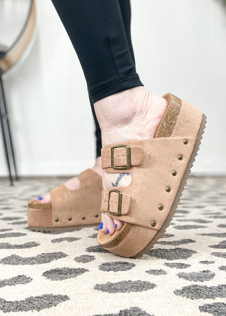 Corkys Wannabe Sandal - Camel Faux Suede - ALL SALES FINAL -