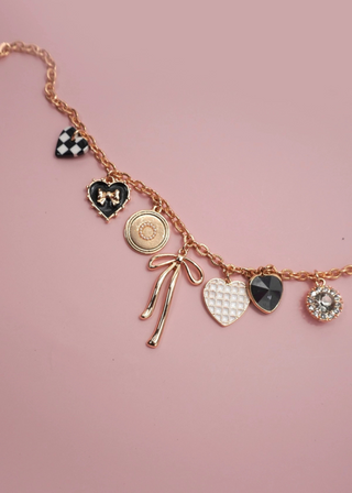 Bow Checker Heart Rhinestone Charm Necklace