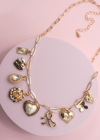 Bow Heart Rhinestone Flower Charm Necklace