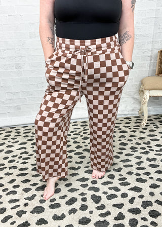 Brown Checkered Elastic Waist Casual Pants