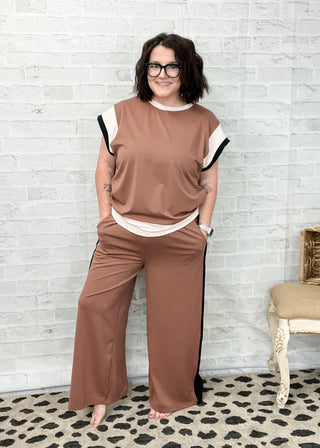 Brown Color Block Detail Two-Piece Set