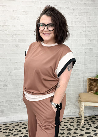 Brown Color Block Detail Two-Piece Set