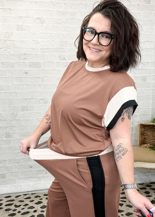 Brown Color Block Detail Two-Piece Set