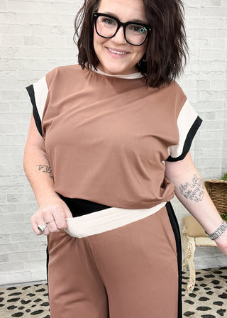 Brown Color Block Detail Two-Piece Set