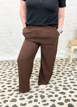 Brown Crepe Crinkle Wide Leg Pants