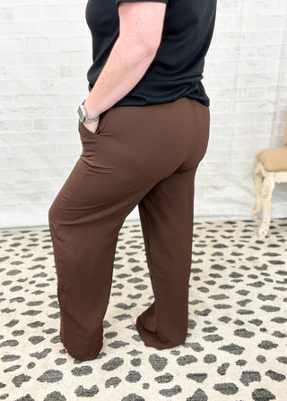 Brown Crepe Crinkle Wide Leg Pants