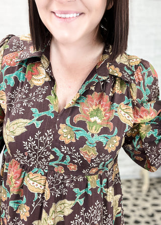 Brown Mix Floral Collared Midi Dress