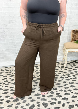 Brown Woven Crepe Elastic Band Pants