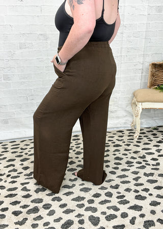 Brown Woven Crepe Elastic Band Pants