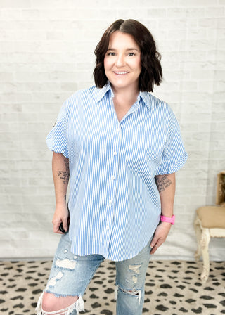 Chambray & Leopard Print Detail Striped Button Down Top