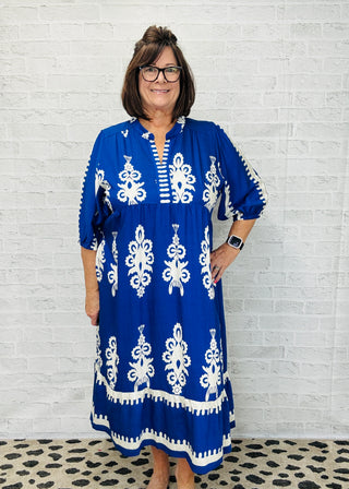 Cobalt Blue Desert Bloom Embroidered Midi Dress