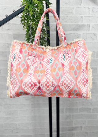 Coral Stella Boho Pattern Fringe Tote Bag