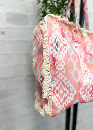 Coral Stella Boho Pattern Fringe Tote Bag