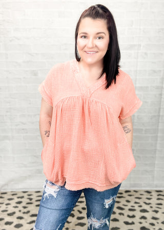 Coral Washed Double Gauze Raw Edge Top