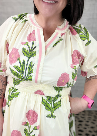 Cream Mix Floral Smocked Midi Dress