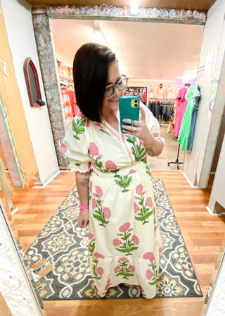 Cream Mix Floral Smocked Midi Dress