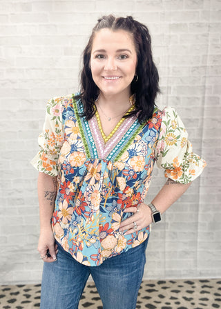 Crochet V Neck Boho Floral Blouse