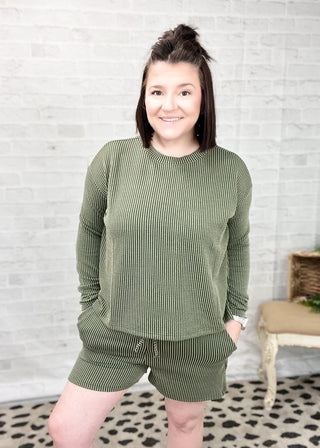 Dark Olive Raised Rib Long Sleeve Tee & Shorts Set