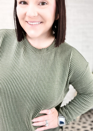 Dark Olive Raised Rib Long Sleeve Tee & Shorts Set
