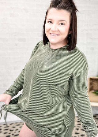 Dark Olive Raised Rib Long Sleeve Tee & Shorts Set