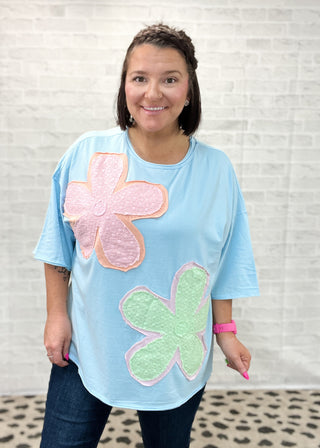 Dusty Blue Oversized Floral Appliqué Tee