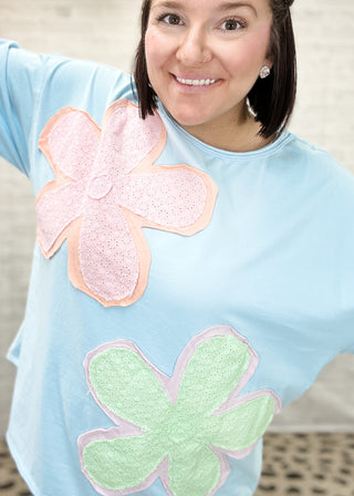 Dusty Blue Oversized Floral Appliqué Tee