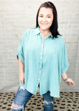 Dusty Teal Washed Double Gauze Button Down Shirt