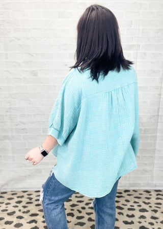 Dusty Teal Washed Double Gauze Button Down Shirt