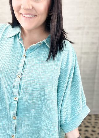 Dusty Teal Washed Double Gauze Button Down Shirt