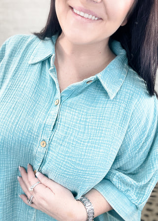 Dusty Teal Washed Double Gauze Button Down Shirt