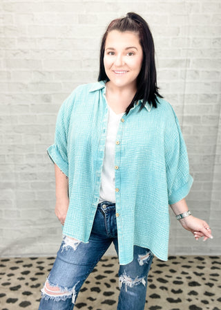 Dusty Teal Washed Double Gauze Button Down Shirt