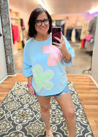 Dusty Blue Oversized Floral Appliqué Tee