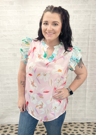Floral Patchwork Notch Neck Flutter Sleeve Blouse