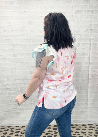 Floral Patchwork Notch Neck Flutter Sleeve Blouse