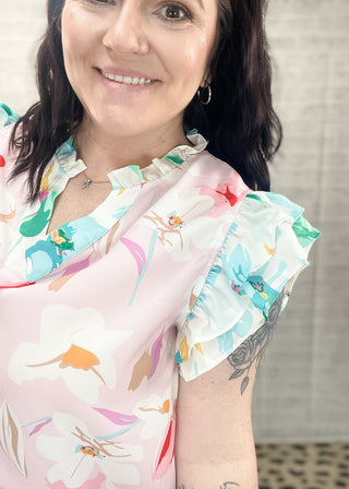 Floral Patchwork Notch Neck Flutter Sleeve Blouse