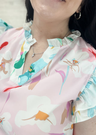 Floral Patchwork Notch Neck Flutter Sleeve Blouse