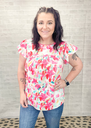 Floral Print Flutter Sleeve Top
