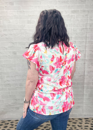 Floral Print Flutter Sleeve Top