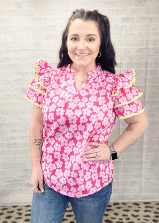 Floral Ruffle Sleeve Ric Rac Trim Top