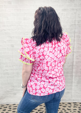 Floral Ruffle Sleeve Ric Rac Trim Top