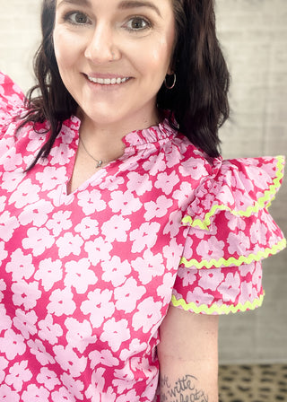 Floral Ruffle Sleeve Ric Rac Trim Top
