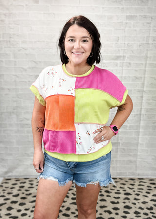 Floral & Bright Neon Colorblock Ribbed Knit Top