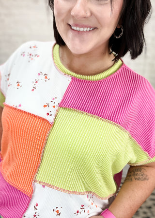 Floral & Bright Neon Colorblock Ribbed Knit Top