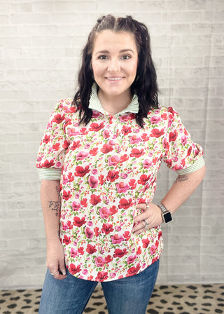 Floral & Stripe Patchwork Collared Top