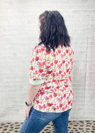 Floral & Stripe Patchwork Collared Top