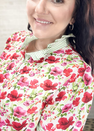 Floral & Stripe Patchwork Collared Top