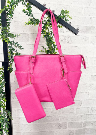 Fuchsia 3-Piece Faux Leather Tote, Pouch & Wallet Set