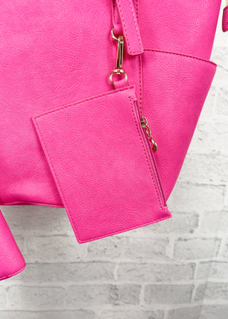 Fuchsia 3-Piece Faux Leather Tote, Pouch & Wallet Set