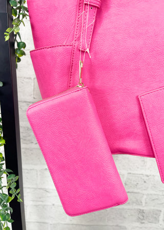 Fuchsia 3-Piece Faux Leather Tote, Pouch & Wallet Set