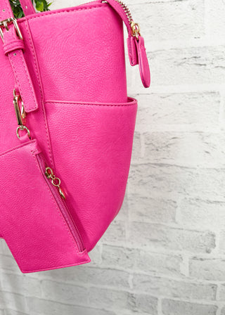 Fuchsia 3-Piece Faux Leather Tote, Pouch & Wallet Set
